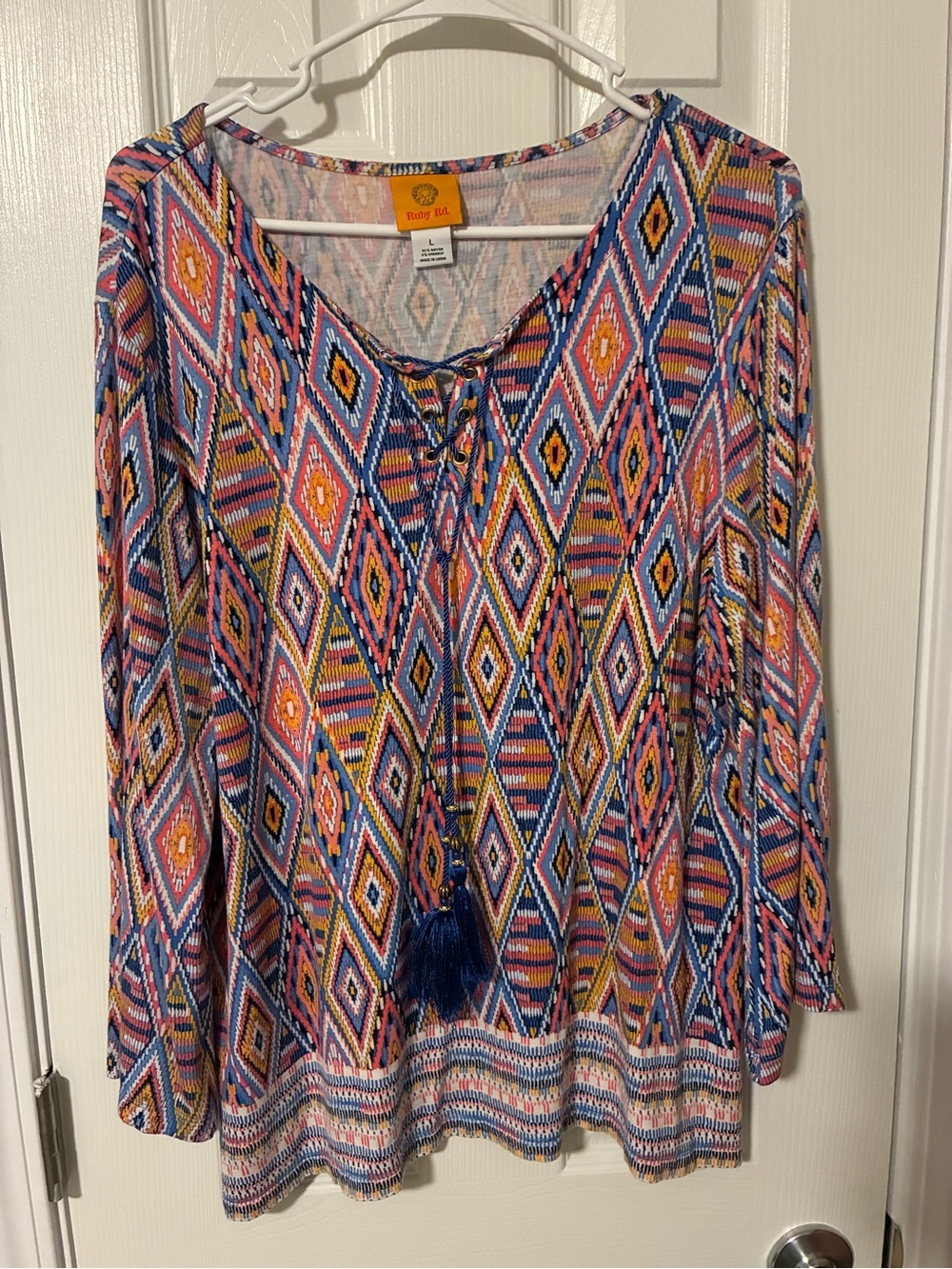 Ruby Rd. Multicolor Diamond-Print Lace-Up Tunic in Blue and Pink